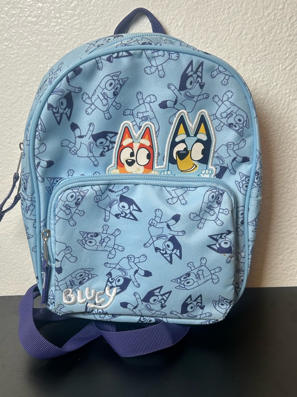 Disney Light Blue Bluey Pattern Kids Backpack with Character Patch